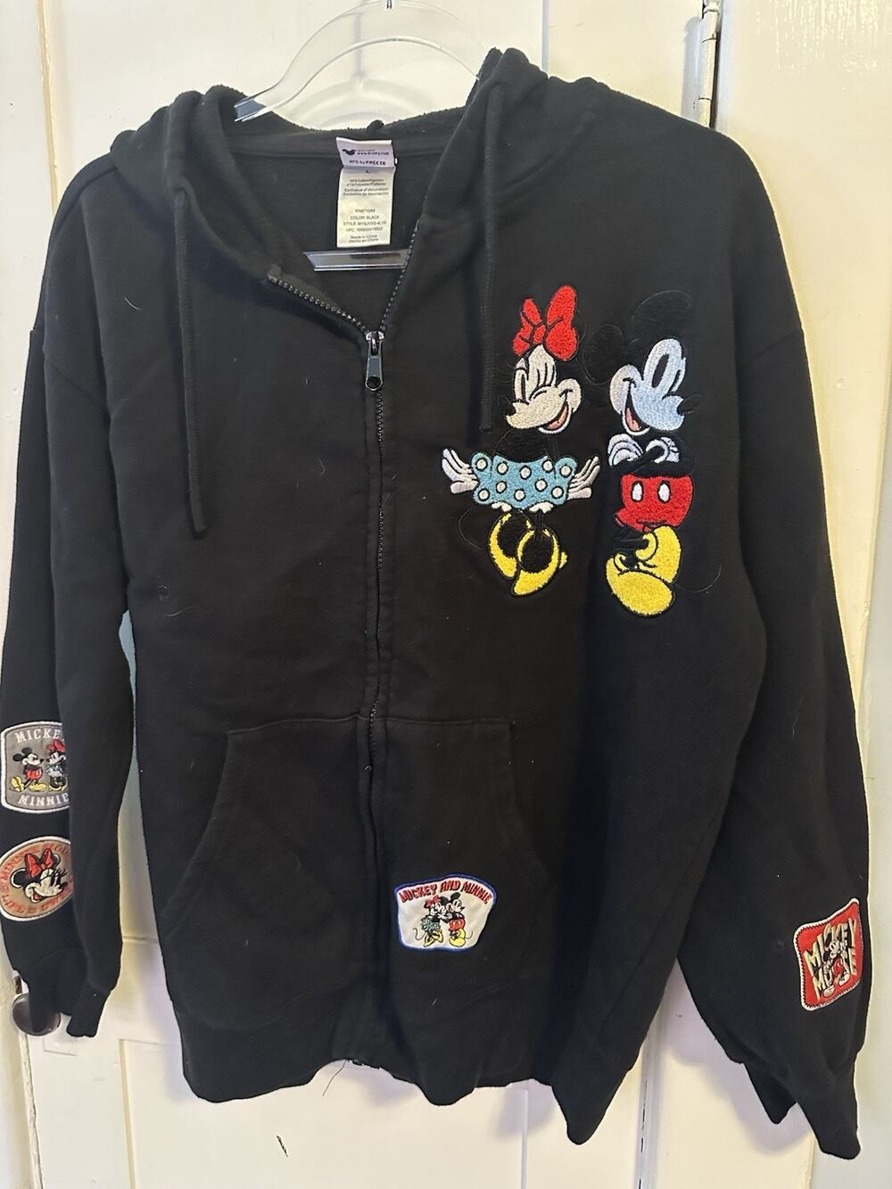 Disney Mickey Minnie Mouse Women’s L Black Zip Hoodie Embroidered Patch Jacket